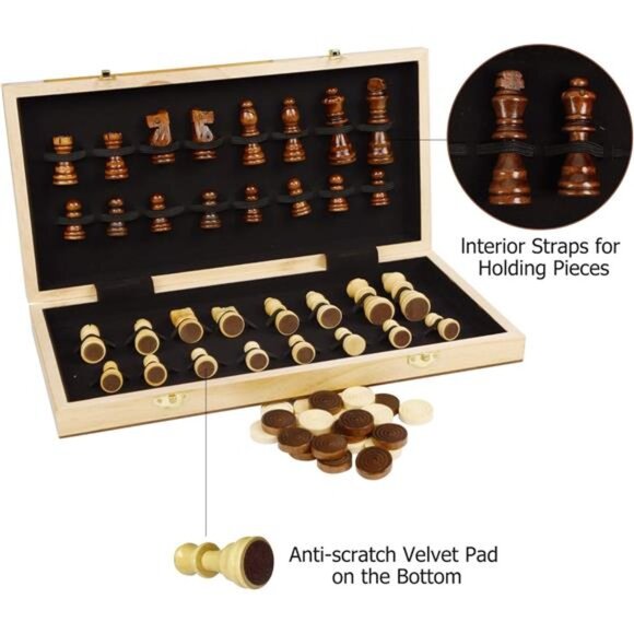 Wooden Chess & Checkers Set, 2 in 1 Board Games for Kids and Adults - Picture 2 of 8